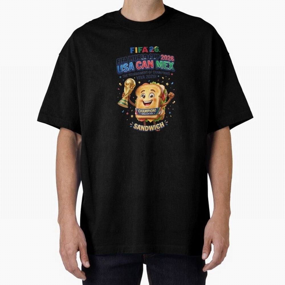 Cartoon Sandwich Champion Holding 2026 World Cup Trophy Classic T-Shirt Share the Excitement of FIFA World Cup 2026 USA Canada Mexico Spirit, Filled with Argentina, Mbappe and Neymar, Retro Football Energy, Iconic Rivalries, Trophy Chase Drama and