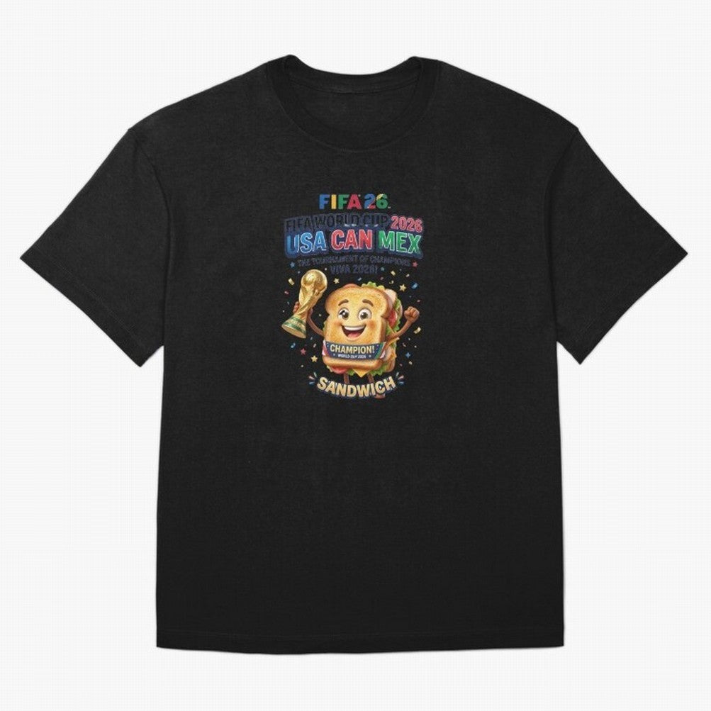 Cartoon Sandwich Champion Holding 2026 World Cup Trophy Classic T-Shirt Share the Excitement of FIFA World Cup 2026 USA Canada Mexico Spirit, Filled with Argentina, Mbappe and Neymar, Retro Football Energy, Iconic Rivalries, Trophy Chase Drama and