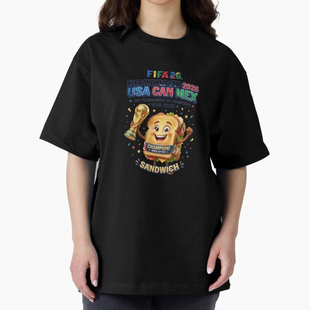 Cartoon Sandwich Champion Holding 2026 World Cup Trophy Classic T-Shirt Share the Excitement of FIFA World Cup 2026 USA Canada Mexico Spirit, Filled with Argentina, Mbappe and Neymar, Retro Football Energy, Iconic Rivalries, Trophy Chase Drama and