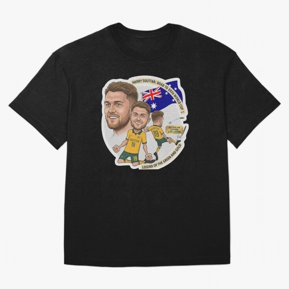 Harry Souttar Australia Football Legend Cartoon Illustration Classic T-Shirt Relive Global Football Passion for FIFA World Cup 2026 Group Stage, Connected to Cristiano Ronaldo, Haaland and CR7, France, Retro Football Energy, Iconic Rivalries,