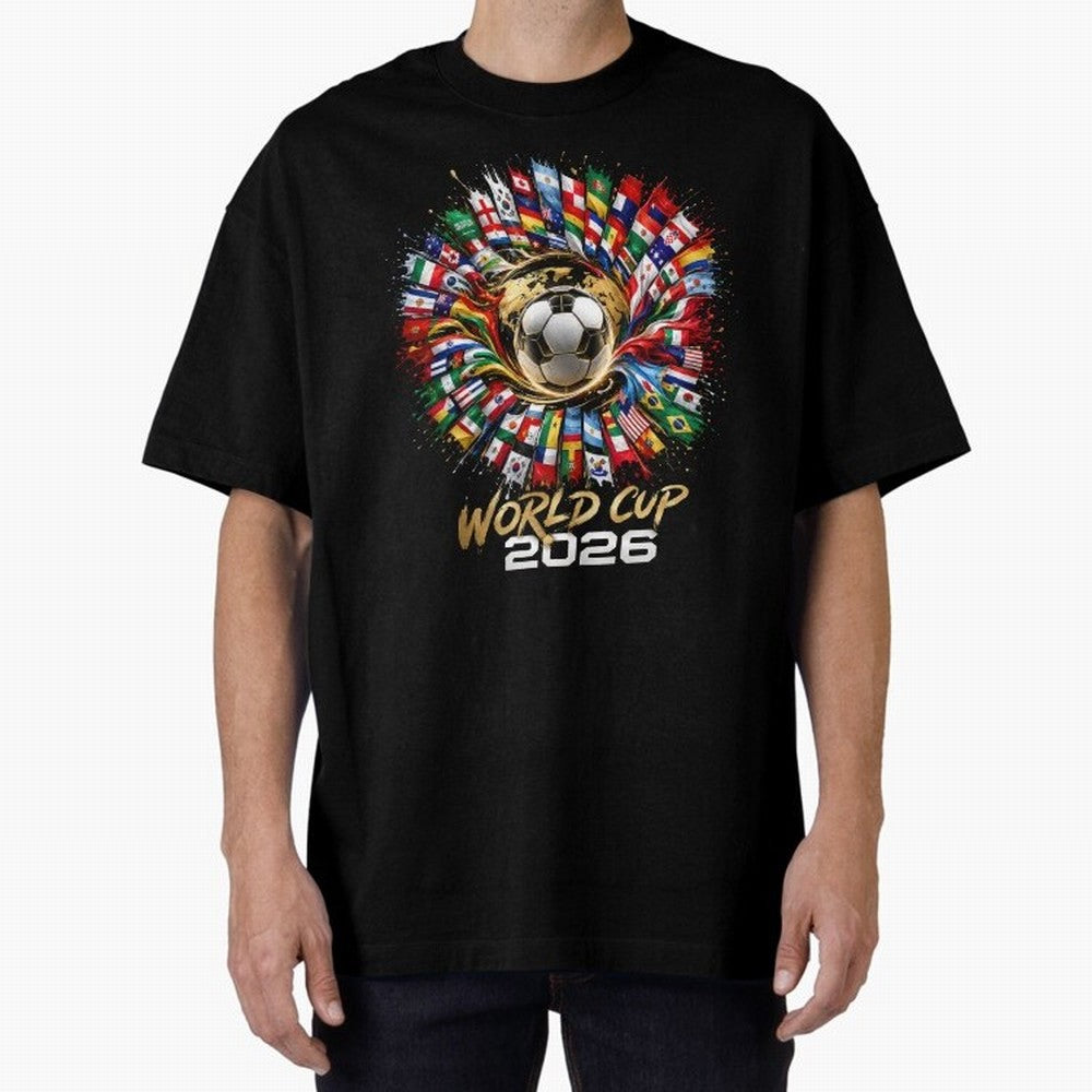 World Cup 2026 Flag Fusion Football T-Shirt Oversized T-Shirt Bring International Match Energy to Global Football Passion for FIFA World Cup 2026 Group Stage, Celebrating CR7 and Messi, Spain, Championship Spirit, Famous Goals, Roaring Crowds and