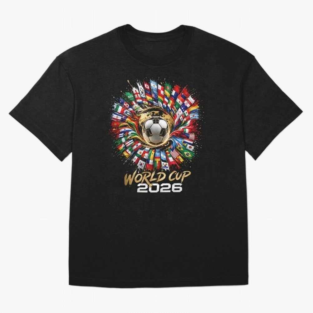 World Cup 2026 Flag Fusion Football T-Shirt Oversized T-Shirt Bring International Match Energy to Global Football Passion for FIFA World Cup 2026 Group Stage, Celebrating CR7 and Messi, Spain, Championship Spirit, Famous Goals, Roaring Crowds and