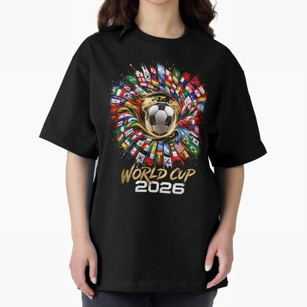 World Cup 2026 Flag Fusion Football T-Shirt Oversized T-Shirt Bring International Match Energy to Global Football Passion for FIFA World Cup 2026 Group Stage, Celebrating CR7 and Messi, Spain, Championship Spirit, Famous Goals, Roaring Crowds and