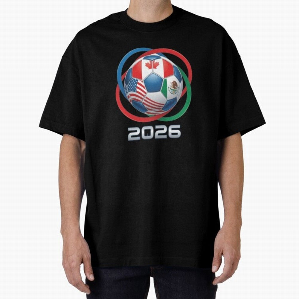 3D Realistic World Cup 2026 Soccer Ball with Rings Oversized T-Shirt Spotlight FIFA World Cup 2026 Spirit, Filled with England and Germany, CR7, Retro Football Energy, Iconic Rivalries, Trophy Chase Drama and Stadium Atmosphere; Perfect for