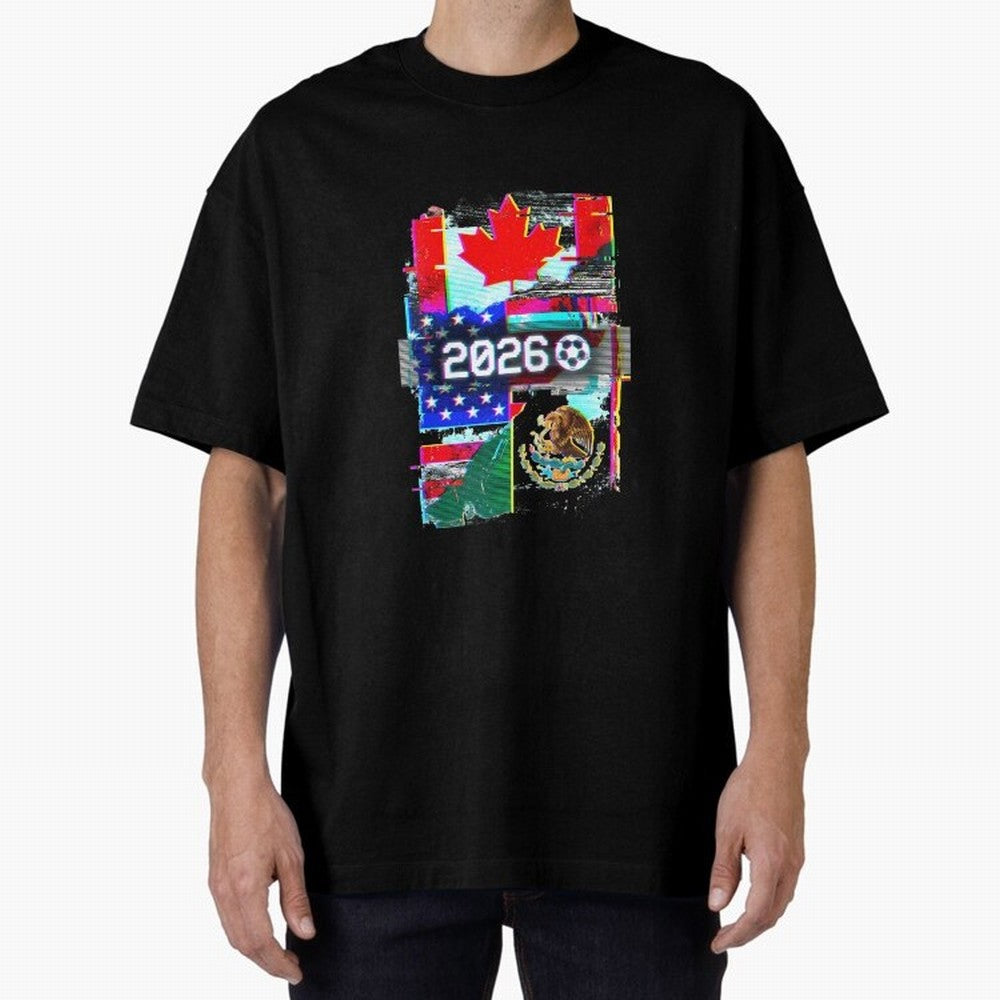 Glitched United 2026 - North America Tournament Emblem Oversized T-Shirt Share Match Day Hype around FIFA World Cup 2026 USA Canada Mexico, Mbappe and Neymar, Portugal, Spain and Germany, Game Day Rituals, Football Legends, Country Pride and the