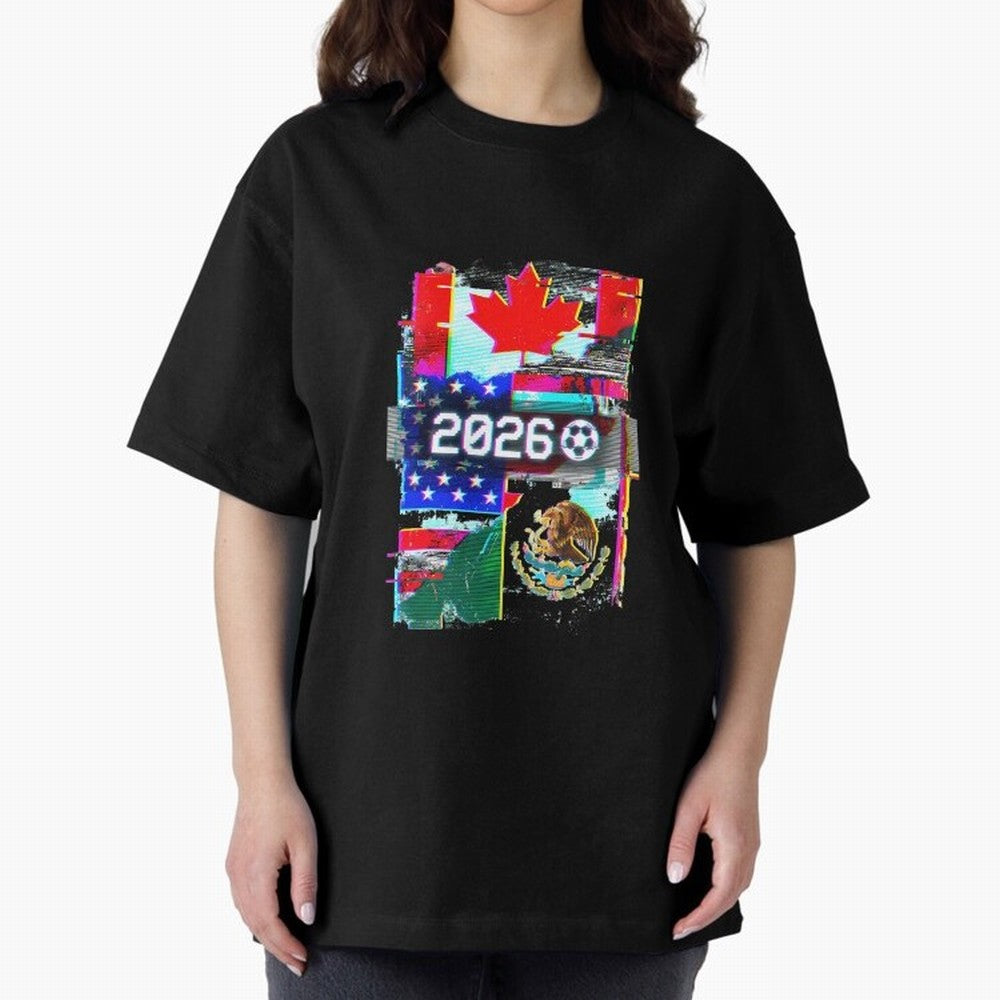 Glitched United 2026 - North America Tournament Emblem Oversized T-Shirt Share Match Day Hype around FIFA World Cup 2026 USA Canada Mexico, Mbappe and Neymar, Portugal, Spain and Germany, Game Day Rituals, Football Legends, Country Pride and the