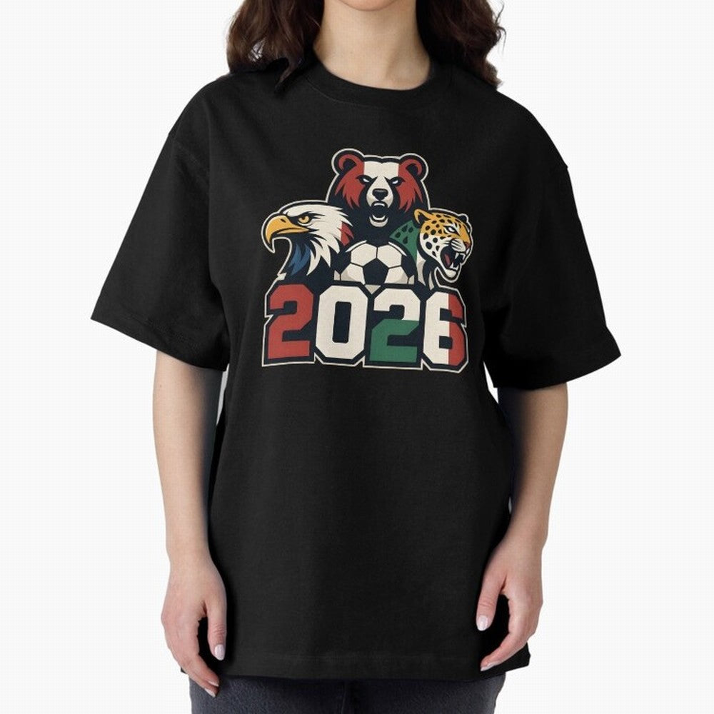 World Cup 2026 USA Canada Mexico Host Mascots Oversized T-Shirt Celebrate Rivalries and Pride in FIFA World Cup 2026 USA Canada Mexico Spirit, Connected to England, France and Netherlands, Mbappe, Football Passion, Legendary Performances, Festival