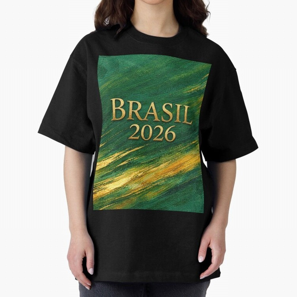 Brasil 2026 Gold Soccer Theme Oversized T-Shirt Carry the Dream of FIFA World Cup 2026 for Fans of Messi, CR7 and Mbappe and England, France and Netherlands, Bringing Worldwide Fan Energy, Dramatic Goals, Stadium Lights and Championship