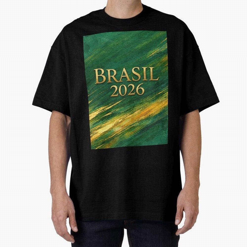 Brasil 2026 Gold Soccer Theme Oversized T-Shirt Carry the Dream of FIFA World Cup 2026 for Fans of Messi, CR7 and Mbappe and England, France and Netherlands, Bringing Worldwide Fan Energy, Dramatic Goals, Stadium Lights and Championship