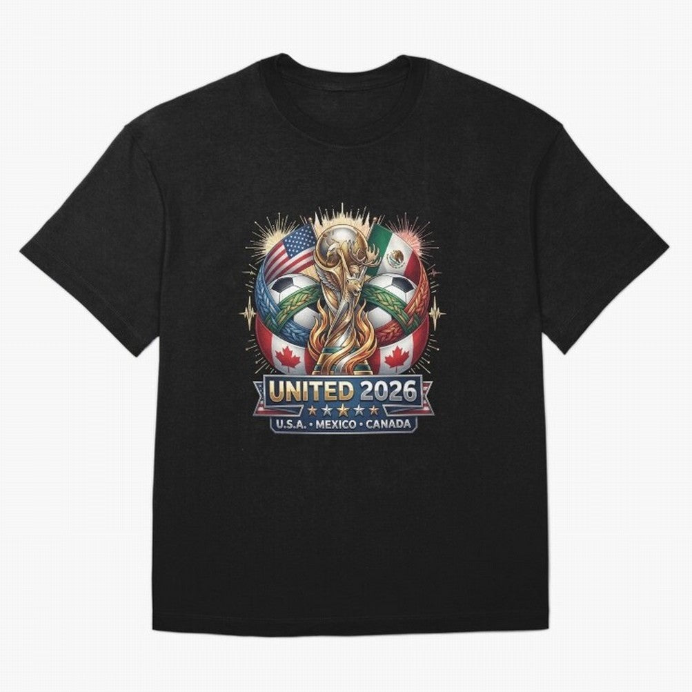 United 2026 Soccer Nations Trophy - USA Mexico Canada Mascot Art Oversized T-Shirt Experience FIFA World Cup 2026 for Fans of Messi and Spain, Bringing Football History, Final Match Energy, Crowd Noise and Once in a Lifetime Moments; Perfect for