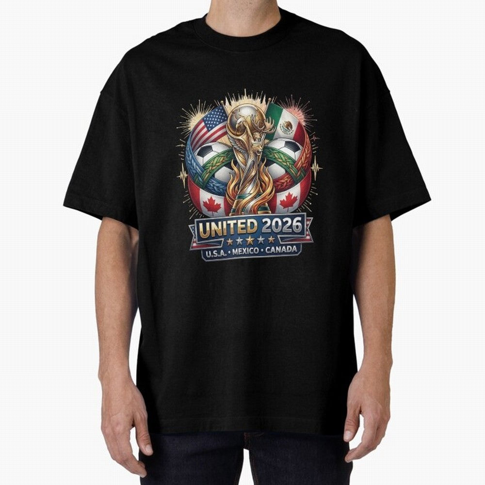 United 2026 Soccer Nations Trophy - USA Mexico Canada Mascot Art Oversized T-Shirt Experience FIFA World Cup 2026 for Fans of Messi and Spain, Bringing Football History, Final Match Energy, Crowd Noise and Once in a Lifetime Moments; Perfect for