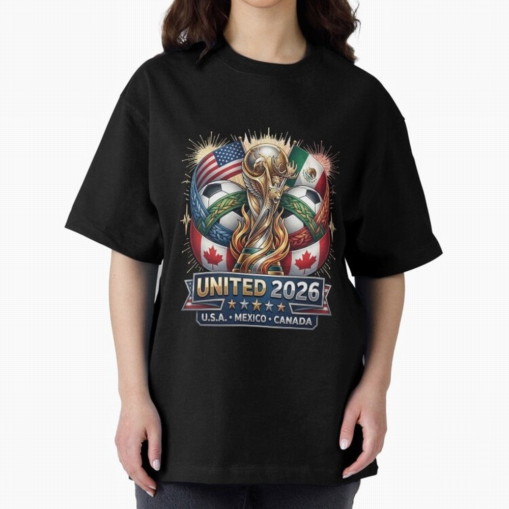 United 2026 Soccer Nations Trophy - USA Mexico Canada Mascot Art Oversized T-Shirt Experience FIFA World Cup 2026 for Fans of Messi and Spain, Bringing Football History, Final Match Energy, Crowd Noise and Once in a Lifetime Moments; Perfect for