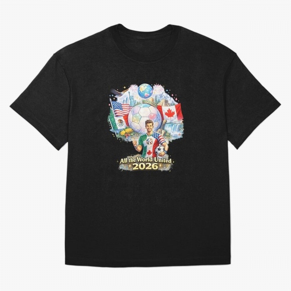 All The World United 2026 Football Design Oversized T-Shirt Step into FIFA World Cup 2026 Capturing Messi, CR7 and Mbappe, England and Germany Energy, Soccer Culture, Superstar Moments, National Team Dreams and Competitive Fire; Ideal for