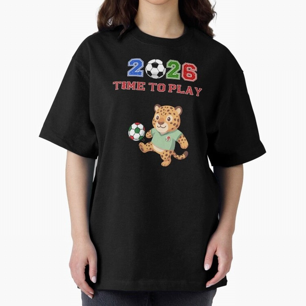Mexico Soccer Jaguar Mascot 2026 Time To Play Football Oversized T-Shirt Bring Supporter Culture to FIFA World Cup 2026 Spirit, Highlighting Spain, Messi and Cristiano Ronaldo, Retro Football Energy, Iconic Rivalries, Trophy Chase Drama and Stadium