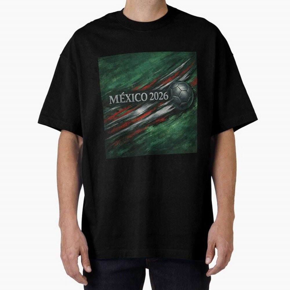 M¨¦xico 2026 Soccer Design Oversized T-Shirt Turn Up for FIFA World Cup 2026 USA Canada Mexico Driven by Messi and Cristiano Ronaldo, Portugal, Spain and Germany Energy, Championship Spirit, Famous Goals, Roaring Crowds and International Football