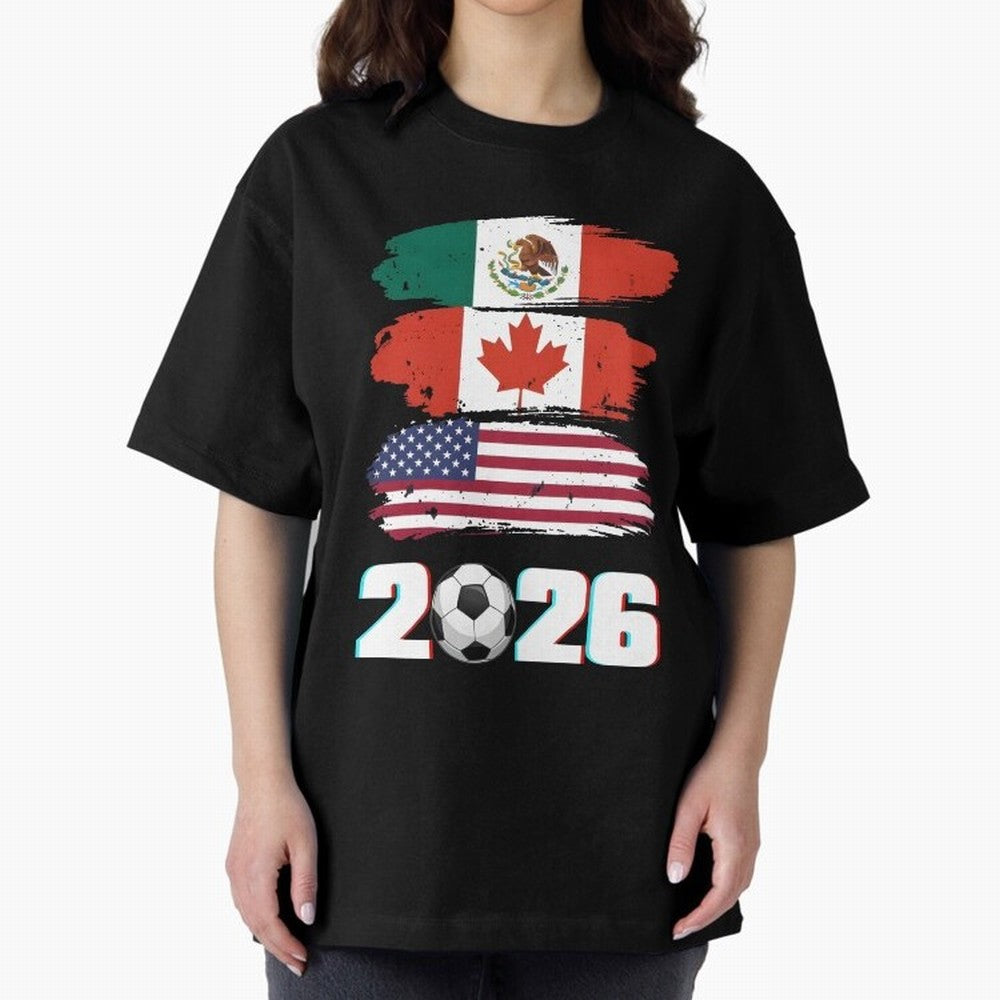 USA Canada Mexico Flag 2026 Cup Brush Art Oversized T-Shirt Discover Global Football Passion for FIFA World Cup 2026 Group Stage, Centered on Neymar, Haaland and Cristiano Ronaldo, Argentina, Match Day Excitement, Supporter Culture, Golden Goals