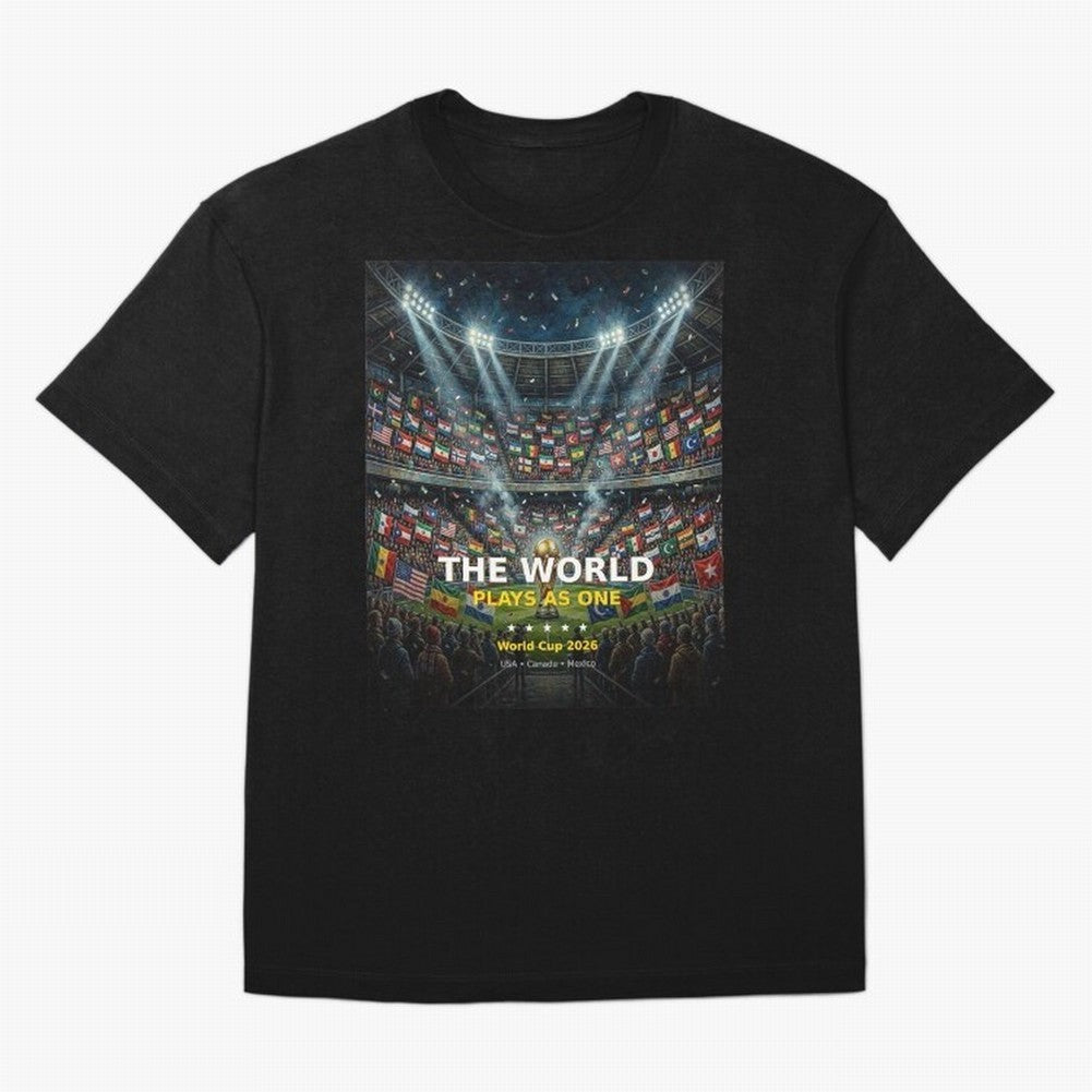 The World Plays As One - World Cup 2026 Soccer Fan Tee Oversized T-Shirt Celebrate the Next Chapter of FIFA World Cup 2026 for Fans of Haaland and England, France and Netherlands, Bringing Championship Spirit, Famous Goals, Roaring Crowds and