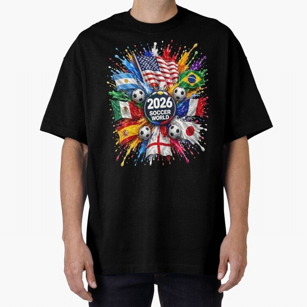 2026 Soccer World Flags USA Mexico Canada Football Paint Splash Graphic Oversized T-Shirt Elevate FIFA World Cup 2026 Driven by CR7 and Messi, Brazil, Portugal and Argentina Energy, Stadium Chants, National Pride, Trophy Dreams and Unforgettable
