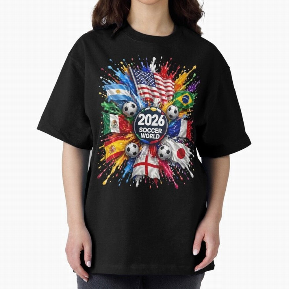 2026 Soccer World Flags USA Mexico Canada Football Paint Splash Graphic Oversized T-Shirt Elevate FIFA World Cup 2026 Driven by CR7 and Messi, Brazil, Portugal and Argentina Energy, Stadium Chants, National Pride, Trophy Dreams and Unforgettable