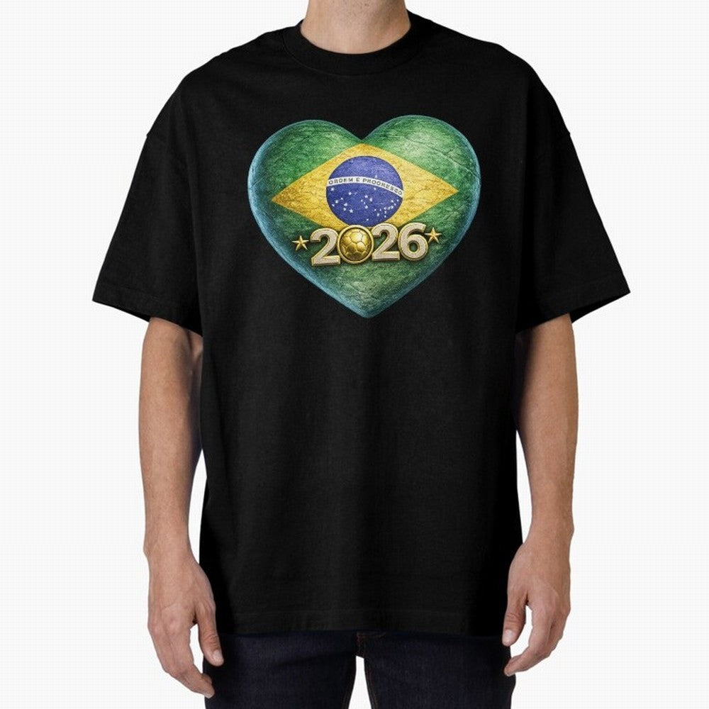 Brazil 2026 World Football Heart Flag Designs Oversized T-Shirt Keep the Match Day Mood of Match Day Hype around FIFA World Cup 2026 Group Stage, CR7 and Messi, France and Portugal, Champion Mindset, Group Stage Buzz, Knockout Tension and