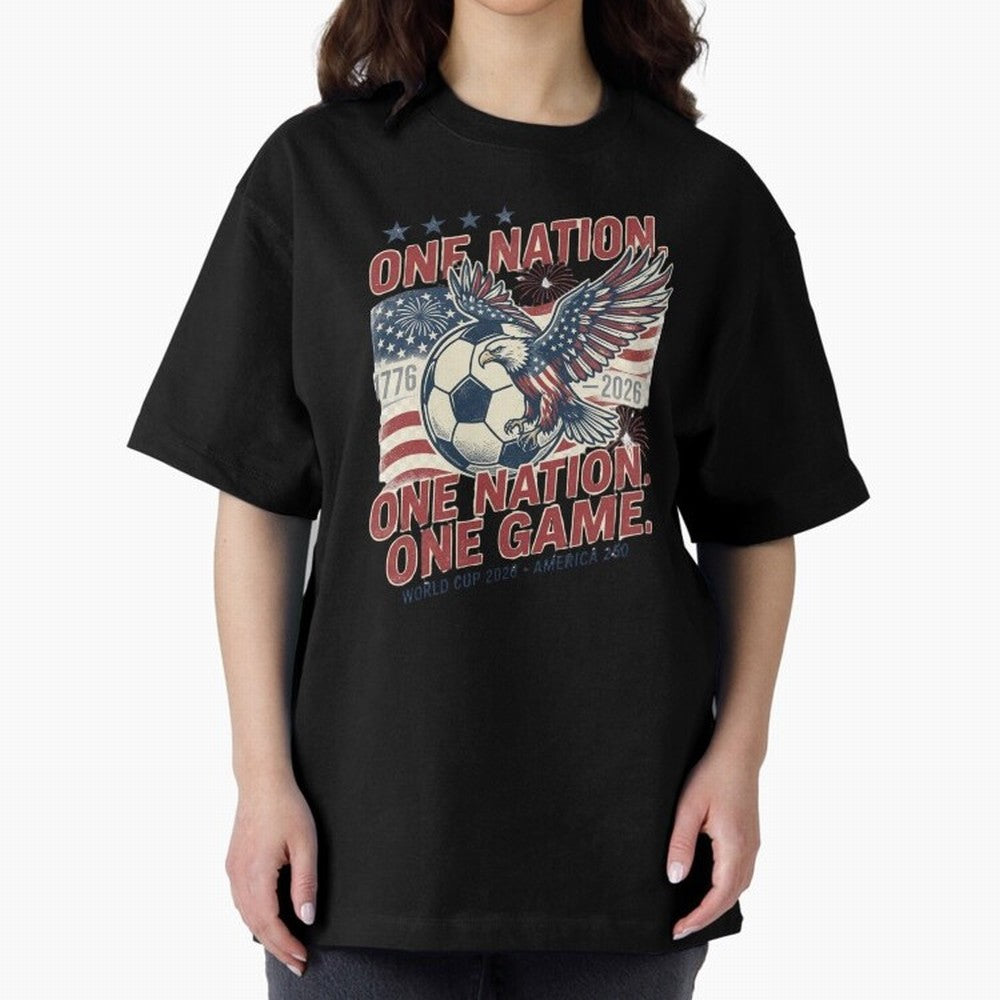 One Nation One Game World Cup 2026 Oversized T-Shirt Follow the Road to the FIFA World Cup 2026 USA Canada Mexico Journey through Cristiano Ronaldo, Haaland and CR7 Highlights, Argentina, France and Brazil Pride, Football Festival Excitement,