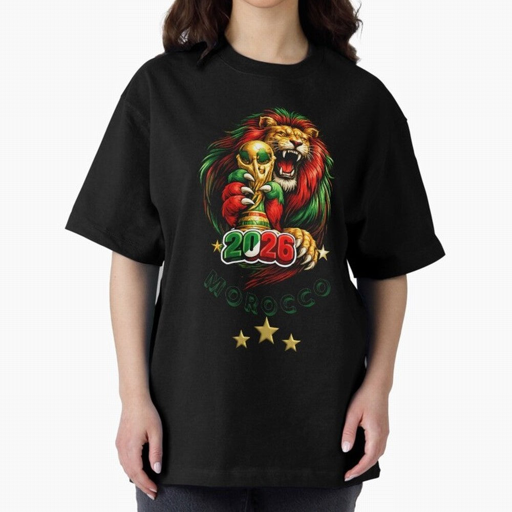 Moroccan Lion World Cup 2026 Design Oversized T-Shirt Celebrate National Team Dreams in Match Day Hype around FIFA World Cup 2026 USA Canada Mexico, Haaland, Argentina and Brazil, Stadium Memories, Football Loyalty, International Chants and
