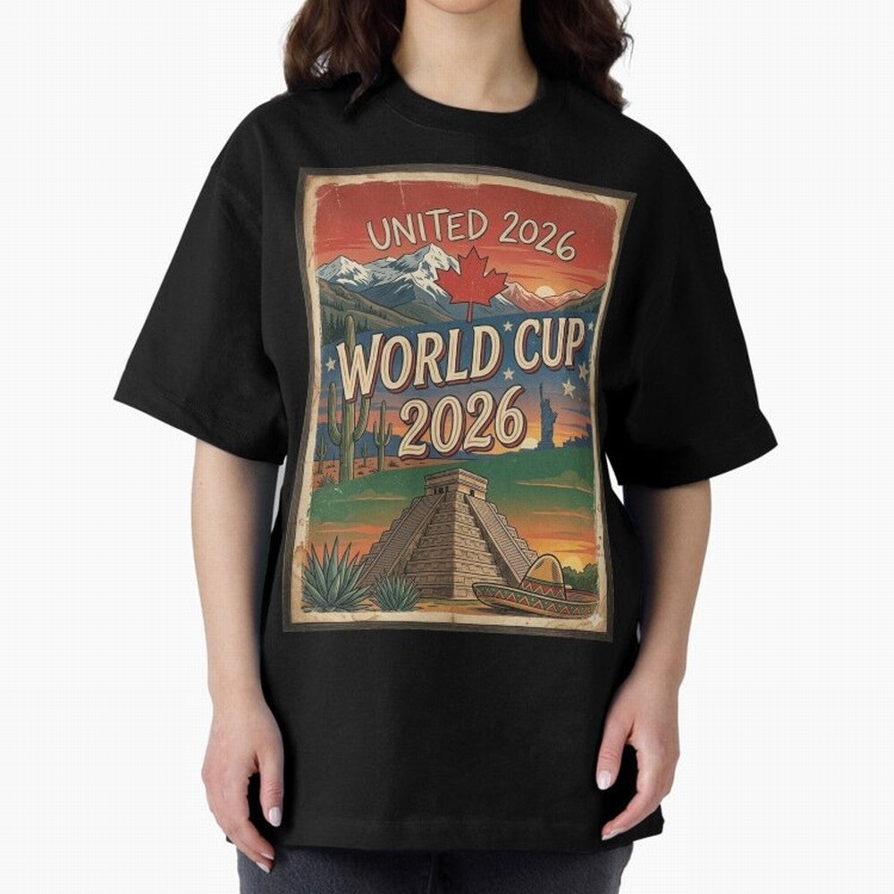 United 2026 World Cup ¨C Vintage North America Soccer Poster Oversized T-Shirt Make Every Kick Count in FIFA World Cup 2026 for Fans of Messi and Cristiano Ronaldo and Portugal, Bringing Goal Celebration Energy, Supporter Heritage, Football Icons