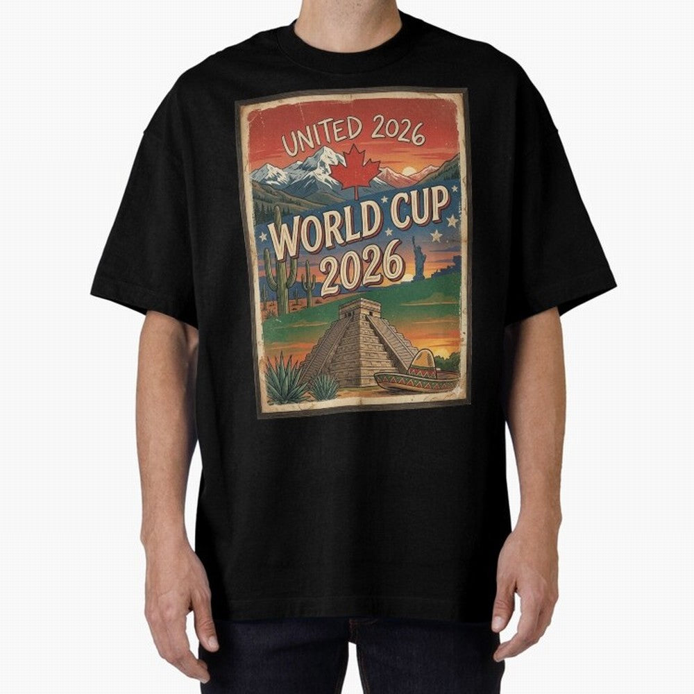 United 2026 World Cup ¨C Vintage North America Soccer Poster Oversized T-Shirt Make Every Kick Count in FIFA World Cup 2026 for Fans of Messi and Cristiano Ronaldo and Portugal, Bringing Goal Celebration Energy, Supporter Heritage, Football Icons