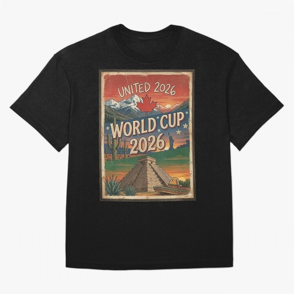 United 2026 World Cup ¨C Vintage North America Soccer Poster Oversized T-Shirt Make Every Kick Count in FIFA World Cup 2026 for Fans of Messi and Cristiano Ronaldo and Portugal, Bringing Goal Celebration Energy, Supporter Heritage, Football Icons