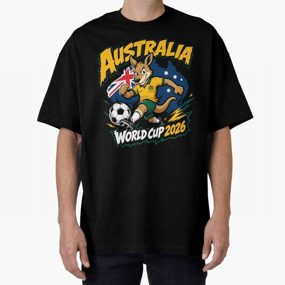 Australia World Cup 2026 Kangaroo Soccer Fan Art Oversized T-Shirt Mark FIFA World Cup 2026 Group Stage Inspired by Cristiano Ronaldo, Spain Energy, Soccer Culture, Superstar Moments, National Team Dreams and Competitive Fire; Ideal for Passionate