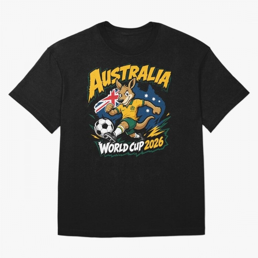 Australia World Cup 2026 Kangaroo Soccer Fan Art Oversized T-Shirt Mark FIFA World Cup 2026 Group Stage Inspired by Cristiano Ronaldo, Spain Energy, Soccer Culture, Superstar Moments, National Team Dreams and Competitive Fire; Ideal for Passionate