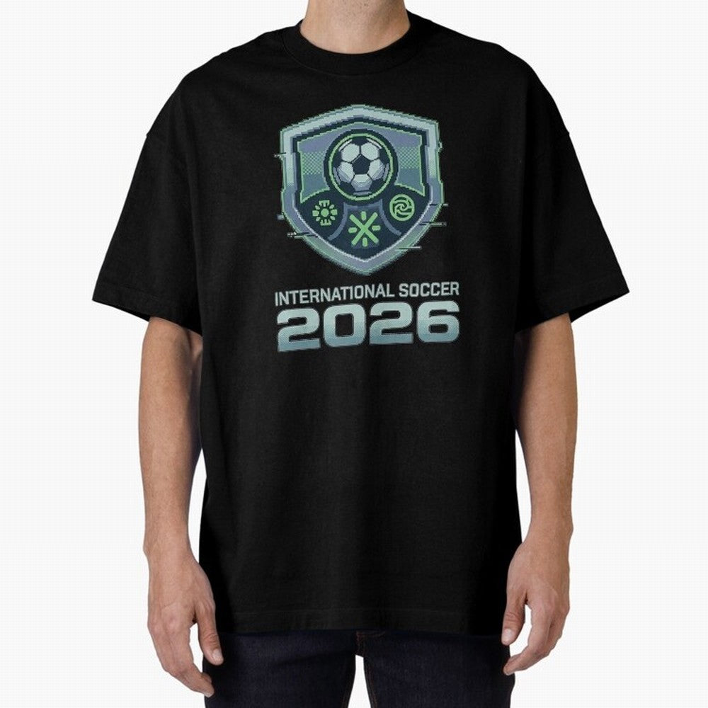 International Soccer 2026 Retro Pixel Glitch Crest Oversized T-Shirt Celebrate Rivalries and Pride in the FIFA World Cup 2026 USA Canada Mexico Journey through CR7 and Messi Highlights, England and Germany Pride, Retro Football Energy, Iconic