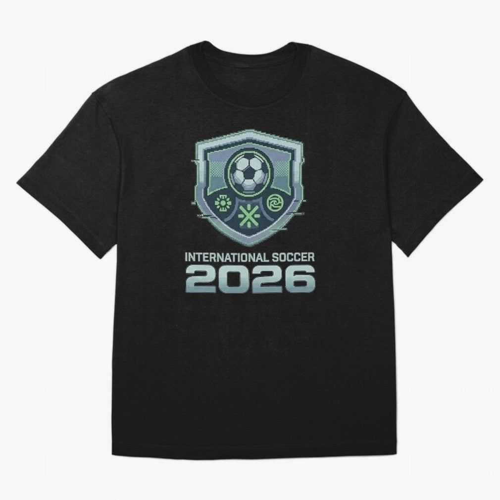 International Soccer 2026 Retro Pixel Glitch Crest Oversized T-Shirt Celebrate Rivalries and Pride in the FIFA World Cup 2026 USA Canada Mexico Journey through CR7 and Messi Highlights, England and Germany Pride, Retro Football Energy, Iconic