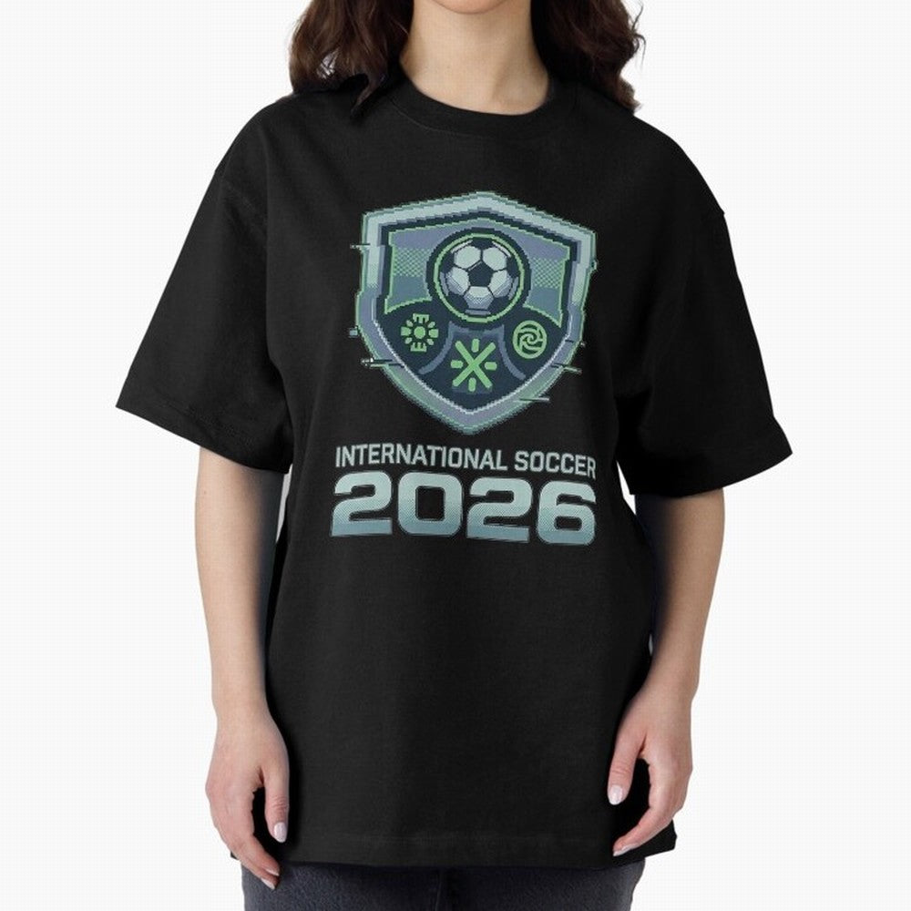 International Soccer 2026 Retro Pixel Glitch Crest Oversized T-Shirt Celebrate Rivalries and Pride in the FIFA World Cup 2026 USA Canada Mexico Journey through CR7 and Messi Highlights, England and Germany Pride, Retro Football Energy, Iconic