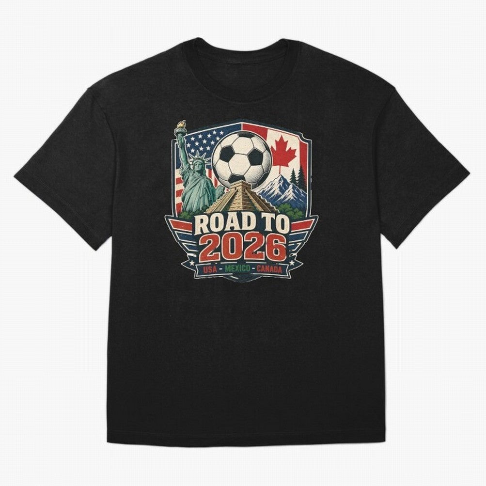 Road to 2026 USA Mexico Canada Soccer Design Oversized T-Shirt Back the Journey through the FIFA World Cup 2026 Journey through Haaland Highlights, France and Portugal Pride, Football Festival Excitement, Trophy Ambitions, Country Rivalries and