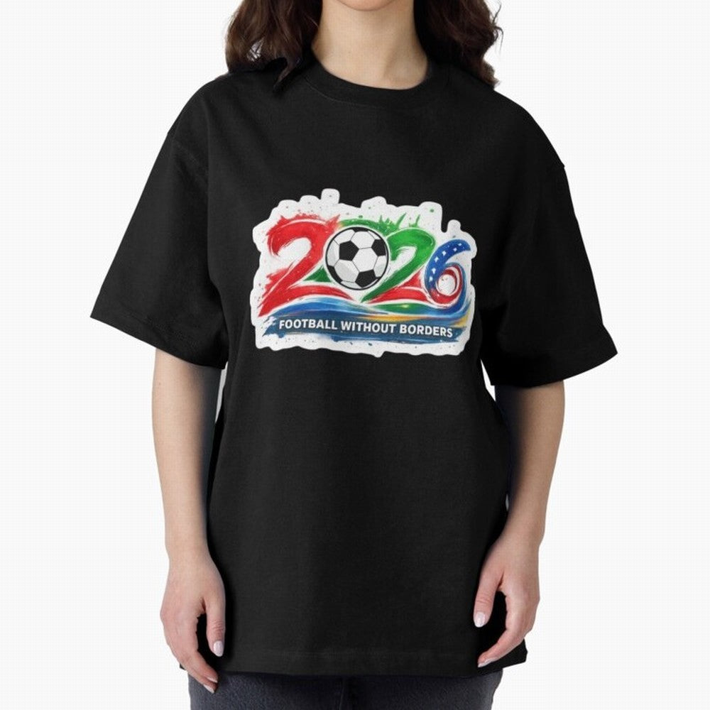 Football Without Borders 2026 Artistic Logo Oversized T-Shirt Celebrate Global Passion for FIFA World Cup 2026 Centered on Messi and Cristiano Ronaldo, Spain Energy, Worldwide Fan Energy, Dramatic Goals, Stadium Lights and Championship