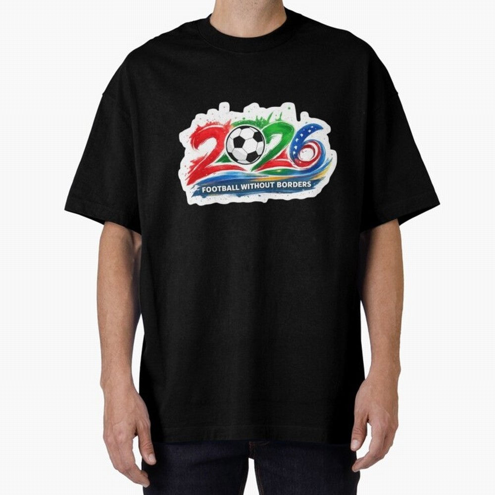 Football Without Borders 2026 Artistic Logo Oversized T-Shirt Celebrate Global Passion for FIFA World Cup 2026 Centered on Messi and Cristiano Ronaldo, Spain Energy, Worldwide Fan Energy, Dramatic Goals, Stadium Lights and Championship