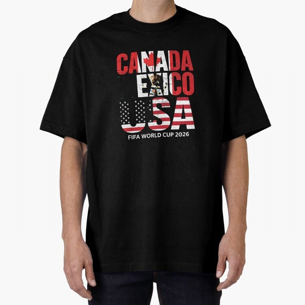United 2026 World Cup - Canada, Mexico, USA Flags T-Shirt_83138002 Oversized T-Shirt Turn Up for Match Day Hype around FIFA World Cup 2026 USA Canada Mexico, Messi, Neymar and Mbappe, Spain, Sports Nostalgia, International Competition, Famous