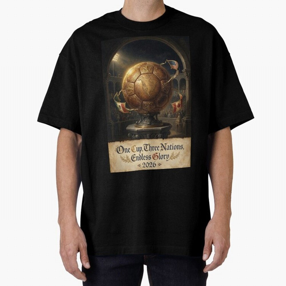 World Cup 2026 Emblem USA Canada Mexico Oversized T-Shirt Bring Supporter Culture to FIFA World Cup 2026 Group Stage for Fans of Haaland and Mbappe and England, Bringing Fan Favorite Moments, National Team Passion, Big Match Drama and Soccer
