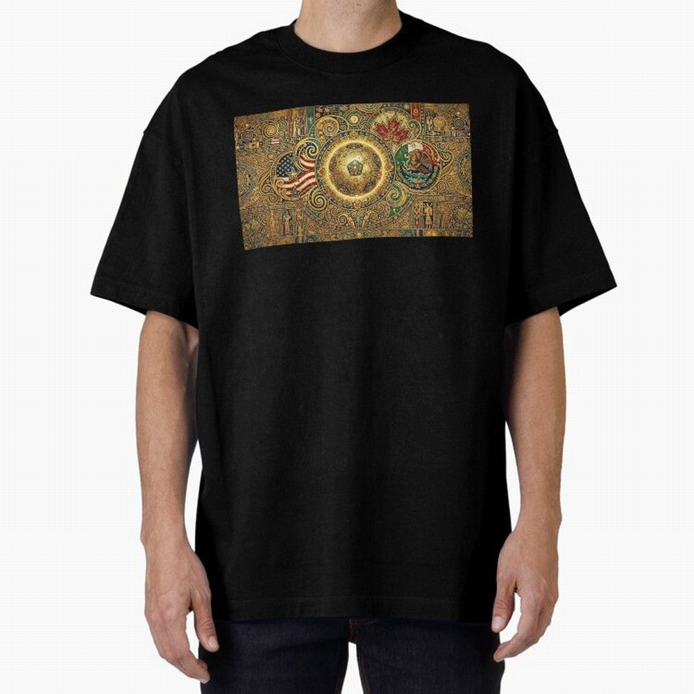 Ornate Soccer Emblem with Flags Oversized T-Shirt Spotlight FIFA World Cup 2026 Made for Neymar, Brazil, Portugal and Argentina Energy, Goal Celebration Energy, Supporter Heritage, Football Icons and Worldwide Tournament Joy; Ideal for Passionate