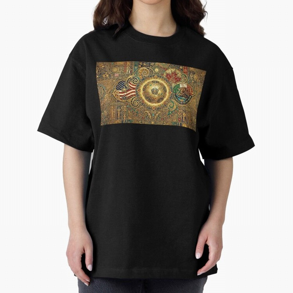 Ornate Soccer Emblem with Flags Oversized T-Shirt Spotlight FIFA World Cup 2026 Made for Neymar, Brazil, Portugal and Argentina Energy, Goal Celebration Energy, Supporter Heritage, Football Icons and Worldwide Tournament Joy; Ideal for Passionate