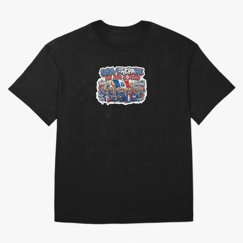 France Soccer Fans 2026 Sticker We Are Coming Oversized T-Shirt Represent FIFA World Cup 2026 Spirit, Highlighting Argentina and Brazil, Messi, CR7 and Mbappe, Vintage Soccer Flavor, Modern Football Stars, National Flags and Final Night Emotion;