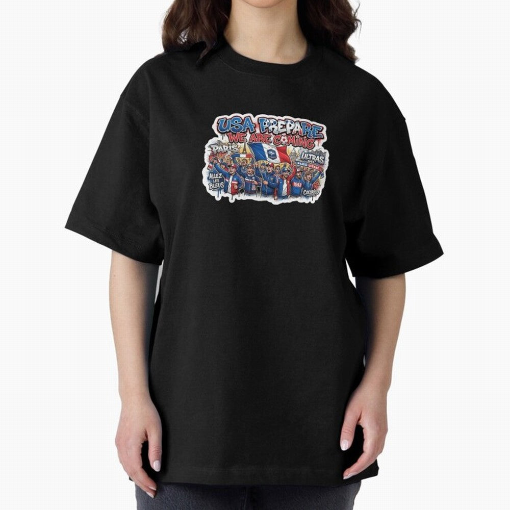France Soccer Fans 2026 Sticker We Are Coming Oversized T-Shirt Represent FIFA World Cup 2026 Spirit, Highlighting Argentina and Brazil, Messi, CR7 and Mbappe, Vintage Soccer Flavor, Modern Football Stars, National Flags and Final Night Emotion;