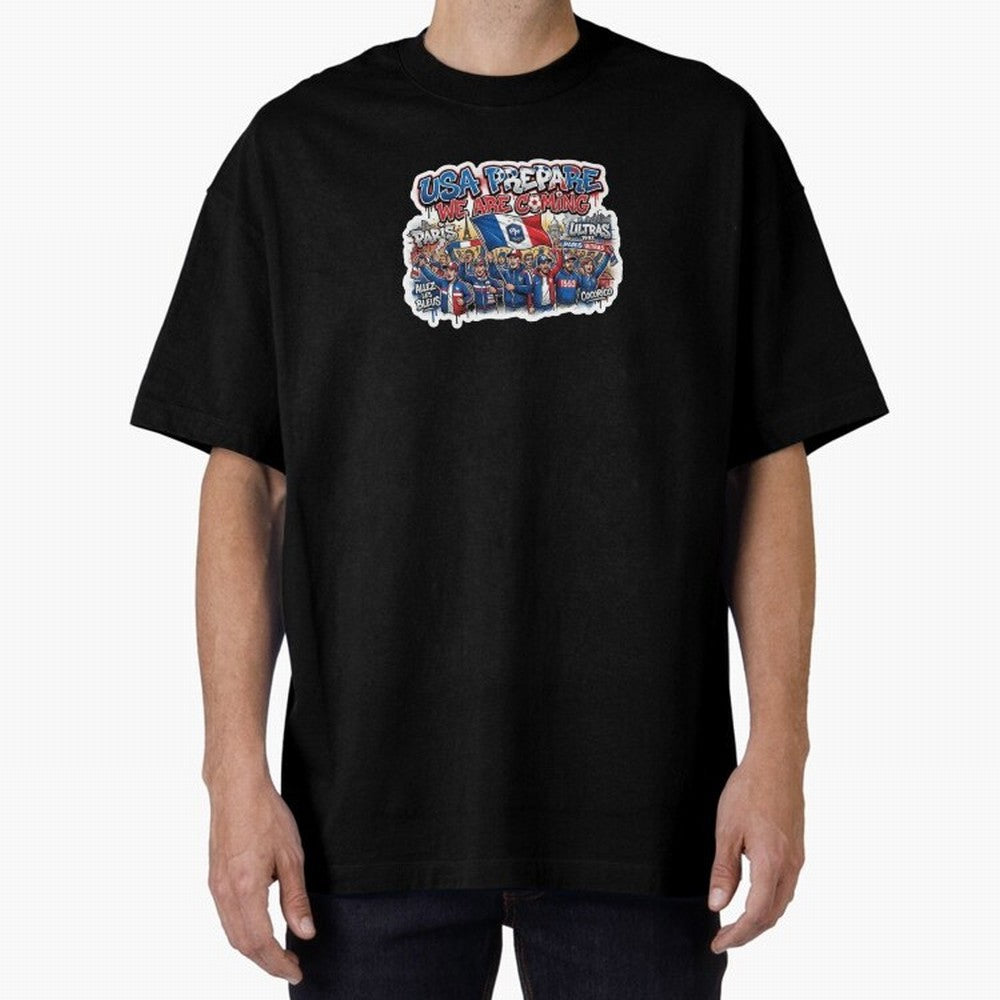 France Soccer Fans 2026 Sticker We Are Coming Oversized T-Shirt Represent FIFA World Cup 2026 Spirit, Highlighting Argentina and Brazil, Messi, CR7 and Mbappe, Vintage Soccer Flavor, Modern Football Stars, National Flags and Final Night Emotion;