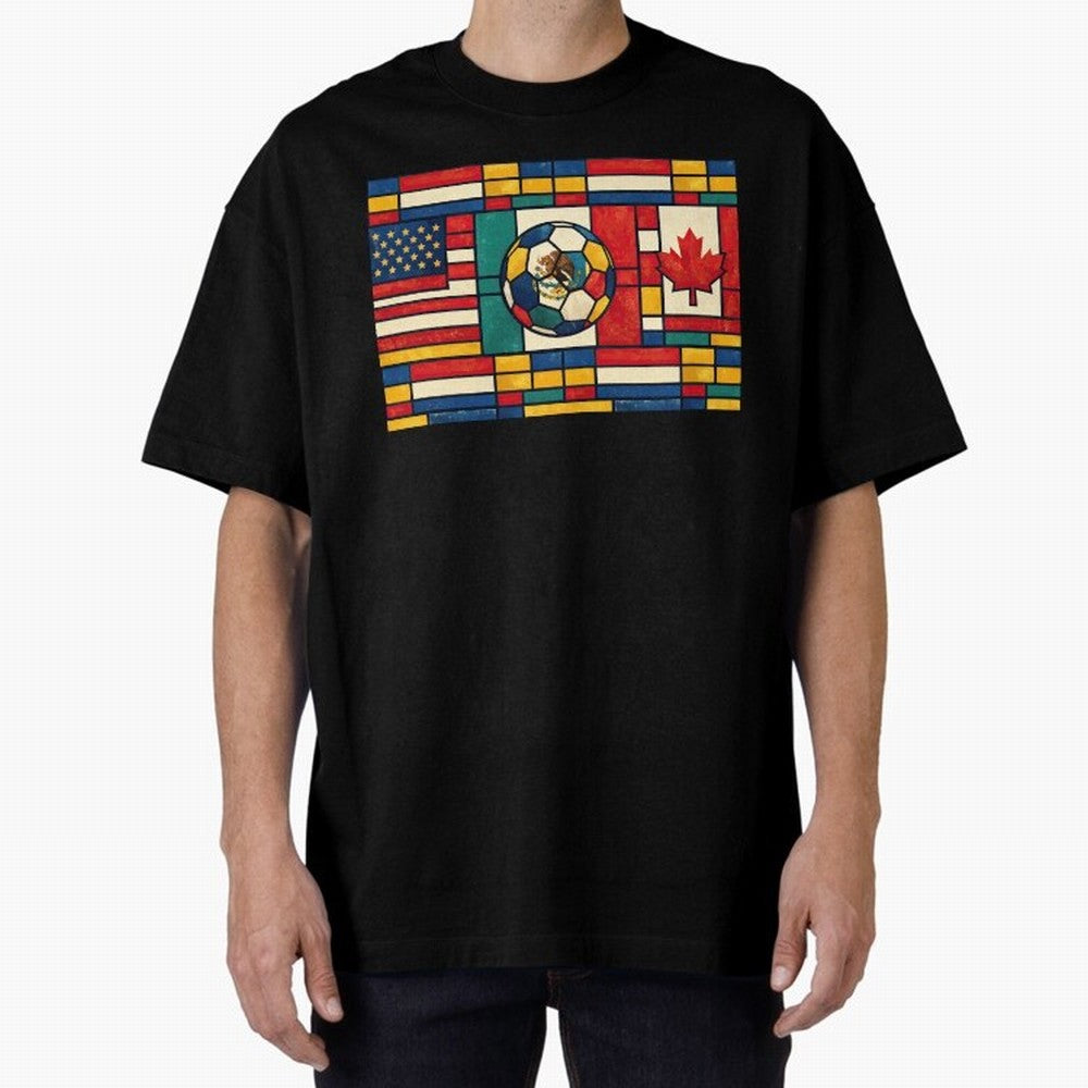Elegant World Cup Stadiums Geometrical | Soccer Flags Mexico Canada USA Oversized T-Shirt Build the FIFA World Cup 2026 Group Stage Journey through Haaland and Mbappe Highlights, England and Germany Pride, Football Passion, Legendary Performances,
