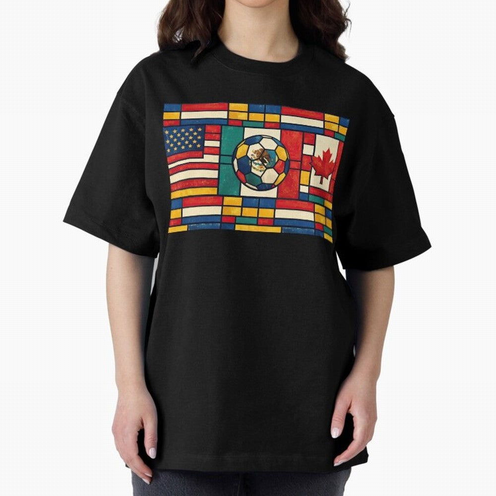 Elegant World Cup Stadiums Geometrical | Soccer Flags Mexico Canada USA Oversized T-Shirt Build the FIFA World Cup 2026 Group Stage Journey through Haaland and Mbappe Highlights, England and Germany Pride, Football Passion, Legendary Performances,