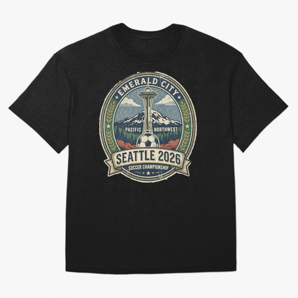 Seattle 2026 World Cup Host City Vintage Football Badge ¡ª Emerald City Space Needle Soccer Oversized T-Shirt Embrace FIFA World Cup 2026 Group Stage Built around Messi, Neymar and Mbappe, Portugal Energy, Stadium Memories, Football Loyalty,