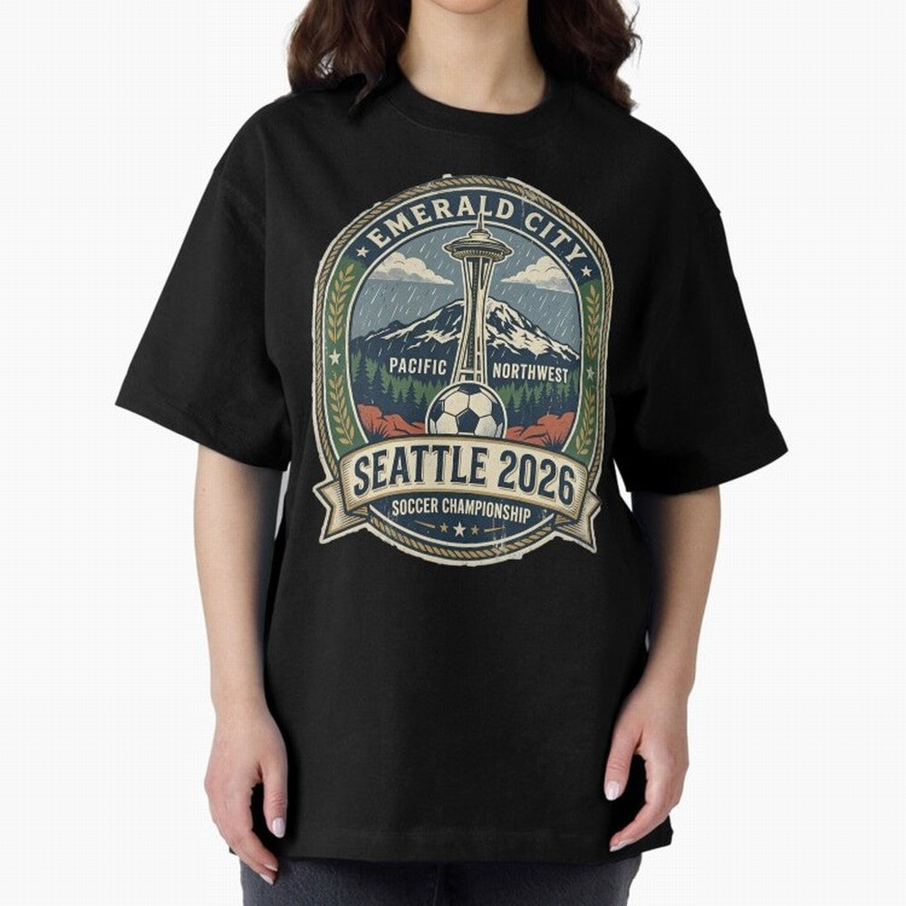 Seattle 2026 World Cup Host City Vintage Football Badge ¡ª Emerald City Space Needle Soccer Oversized T-Shirt Embrace FIFA World Cup 2026 Group Stage Built around Messi, Neymar and Mbappe, Portugal Energy, Stadium Memories, Football Loyalty,