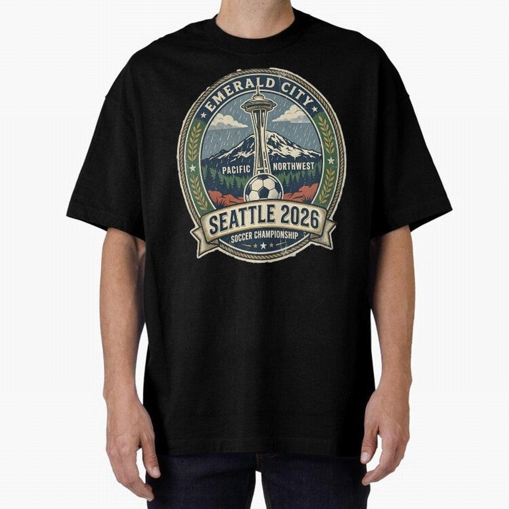 Seattle 2026 World Cup Host City Vintage Football Badge ¡ª Emerald City Space Needle Soccer Oversized T-Shirt Embrace FIFA World Cup 2026 Group Stage Built around Messi, Neymar and Mbappe, Portugal Energy, Stadium Memories, Football Loyalty,