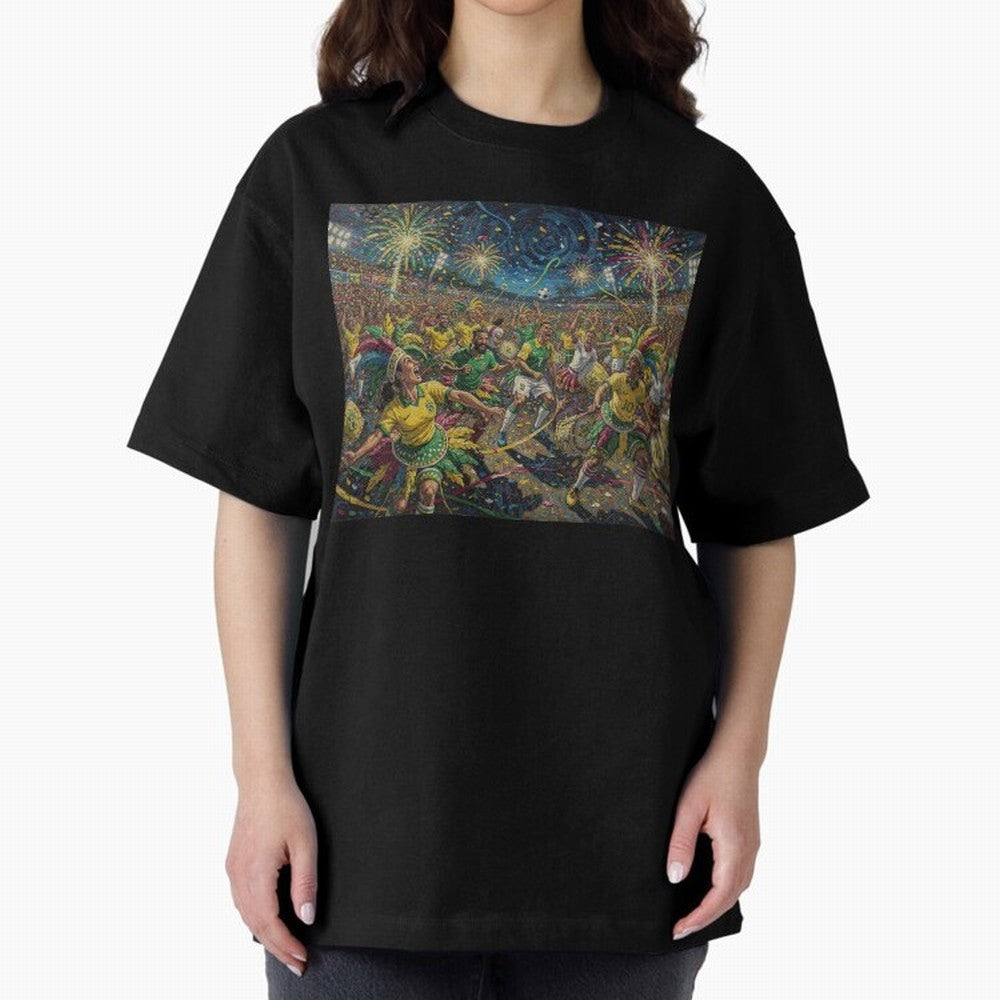 Celebration at Brazilian Football Match World Cup 2026 Vibes Oversized T-Shirt Back the Journey through FIFA World Cup 2026 Group Stage Spirit, Capturing Spain, Neymar, Retro Football Energy, Iconic Rivalries, Trophy Chase Drama and Stadium